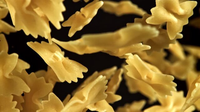 Super slow motion flying dry farfalle pasta . Filmed on a high-speed camera at 1000 fps. High quality FullHD footage
