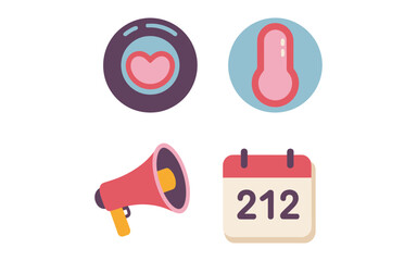 Public awareness campaign icons, megaphone announcement, reminder calendar date, health thermometer check, charity badge, volunteer signup, community engagement, drive