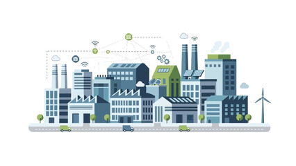 Obraz premium Illustration of a smart city with interconnected buildings, renewable energy sources, and autonomous vehicles.