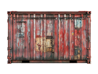 PNG file A weathered cargo container with a striking red hue, evoking a sense of industrial strength and global trade on transparent background PNG, easy to use.