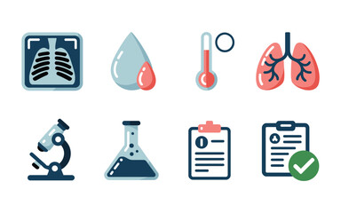 Medical laboratory diagnostics set, chest x ray, blood drop, thermometer, microscope and flask, health check checklist, hospital screening event