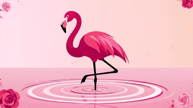 Animated Pink Flamingo Standing Gracefully In Water With Rose Accents Cartoon Style