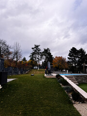 Obraz premium Relaxing backyard with pool, lounge area, and autumn trees in a peaceful yard