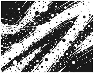  A bold, high-contrast black and white abstract design featuring sweeping diagonal ink splashes, numerous dots and circular shapes. Evokes energy, motion, creativity