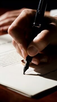 Signing Divorce Papers - Close up of a person's hand signing a divorce agreement with a fountain pen, with a wedding ring laying on the paper.