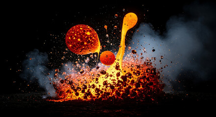 A dramatic and fiery display of molten lava, captured in a dynamic explosion against a stark black background, with glowing orange spheres and smoky trails creating a visually stunning and intense spe