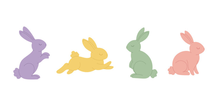 Set cute pastel bunny illustrations in different poses. Minimal flat vector rabbits isolated on white background for Easter, spring designs, kids projects, cards and decorations.