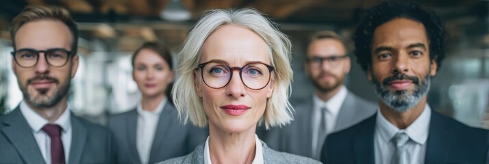 Fototapeta premium Diverse group of confident business professionals standing together in an office environment representing corporate leadership and teamwork with a focus on the mature woman in front