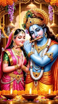 Lord Krishna and Radha - An artistic video of the Hindu deities Lord Krishna playing his flute with Radha next to him. They are richly adorned in jewelry and traditional clothing.