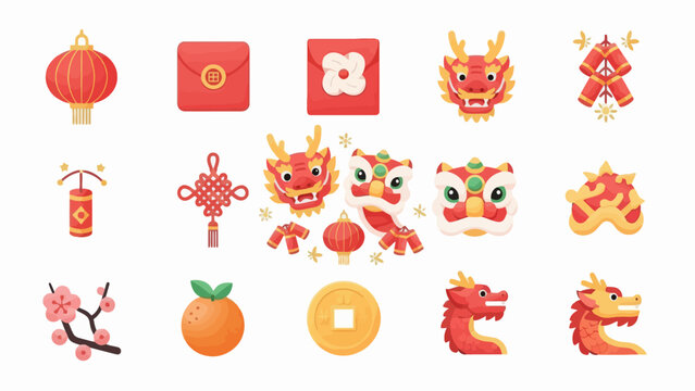 Chinese New Year Soft Rounded Flat Vector Icon Set