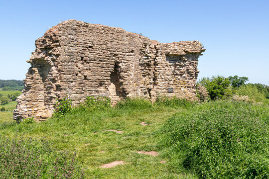 The ruins of the 12th century motte and bailey castle in the village of Kilpeck, Herefordshire, England UK