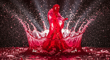 A mesmerizing highspeed photograph captures a vibrant red liquid splash, resembling a dancing figure frozen in time against a dark backdrop illuminated by spotlights, creating a dramatic and dynamic v