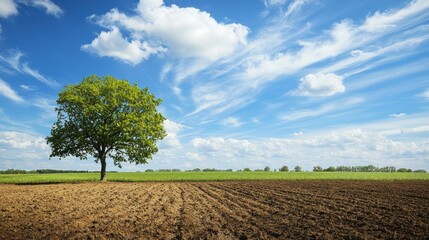 A lone tree stands in a vast, open field under a clear blue sky with fluffy white clouds.