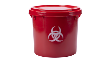 Red biohazard bucket with white symbol for medical hazardous waste disposal