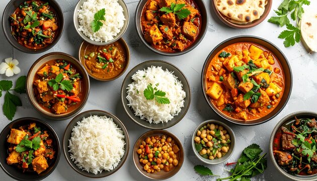 Top view modern Sri Lankan food flat lay, balanced color palette, no people, no text