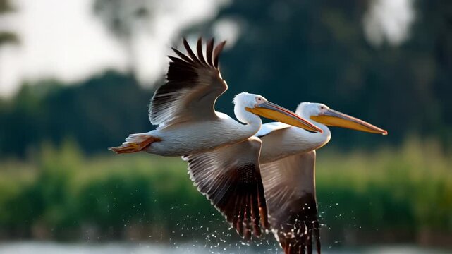 Two pelicans flying low over water with lush greenery background