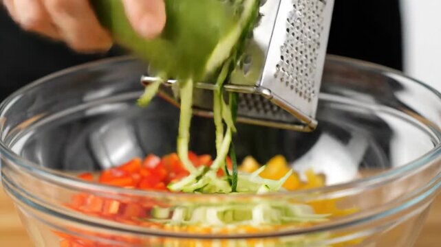 Person grating zucchini into bowl with other colorful vegetables