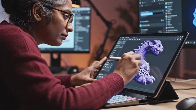 Designer working on 3D modeling software on a digital tablet.