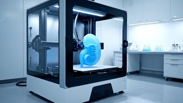 3D printer producing organ model in laboratory environment.