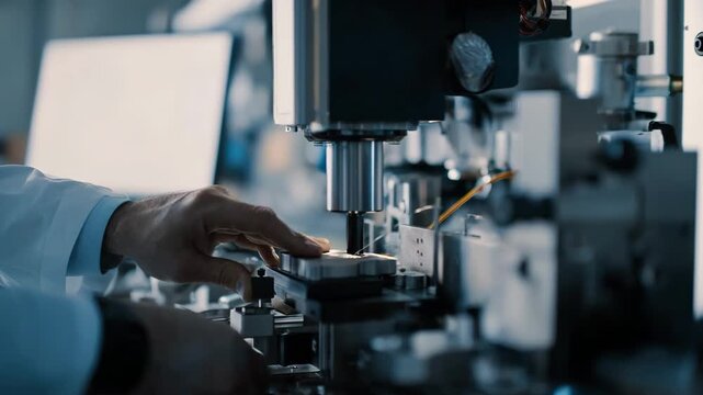 Medium shot of scientist analyzing flexible custom metal alloys blending process tailored for innovative wearable technology