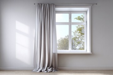 Fototapeta premium Light streams through a window with soft grey curtains onto a clean wall.