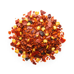 Heap of chili flakes, crushed and isolated on white, showing hot spice texture
