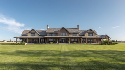 Modern Grand Farmhouse Mansion with Green Lawn and Blue Sky Luxury Countryside Estate Exterior