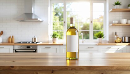 Cooking Oil Bottle with Blank Label on Kitchen Table