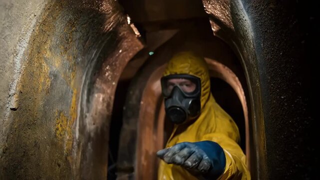 Technician wearing protective gear removing mildew from crawl space walls to improve air quality and prevent structural damage.