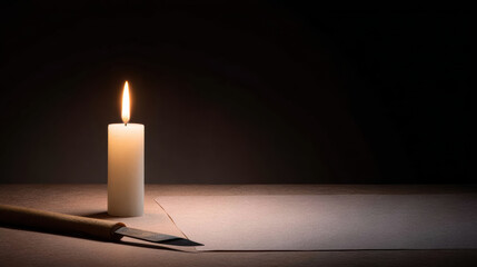 Candle light night single flame dark background paper craft knife warm glow copy space minimal scene