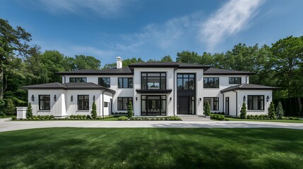 Fototapeta premium Modern Luxury Mansion Exterior with Lush Green Lawn and Clear Blue Sky for Real Estate Success