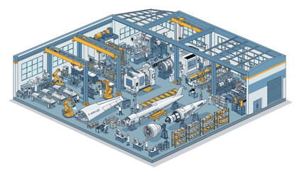 Obraz premium Isometric view of a modern aerospace manufacturing facility with various assembly lines, robotic arms, and aircraft components.