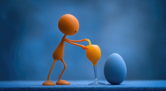 Orange stick figure pouring liquid into a glass next to a blue egg on a blue-toned background