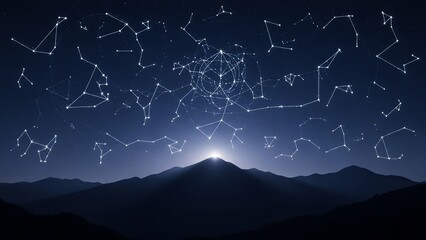 Night sky constellations over mountain range
