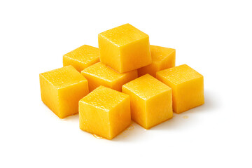Fresh juicy mango fruit cubes stacked on white background