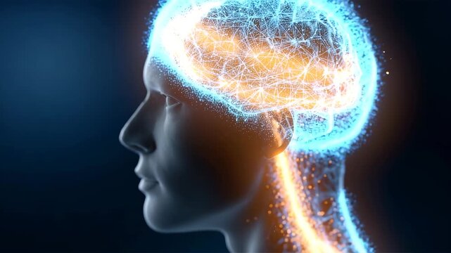 Human brain with glowing neural connections and vibrant orange sparks