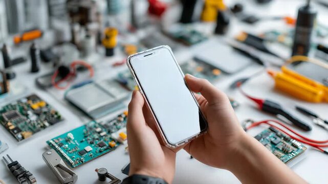 Technician holding smartphone with blank screen amidst electronic repair tools