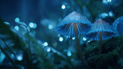 Glowing Mushrooms in a Rainy Night Forest