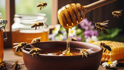 Bees gather around honey dipper dripping golden honey into bowl