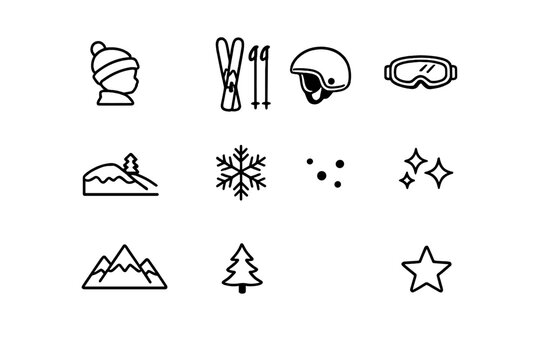 Cozy Kids Ski Icons. Cozy kids ski icons. Line outline icon set of Cozy kids ski icons: child silhouette, skis
