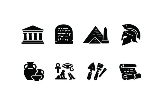  Ancient History. Filled icon set of Ancient History: ancient temple, stone tablet, pyramid
