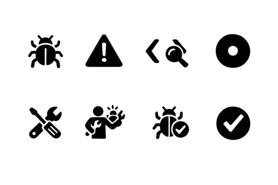  Debugging Skills. Filled icon set of Debugging Skills: bug icon, error warning, code