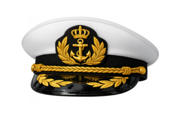 White and black captain hat with gold details, symbolizing maritime command and sailing adventures; transparent background