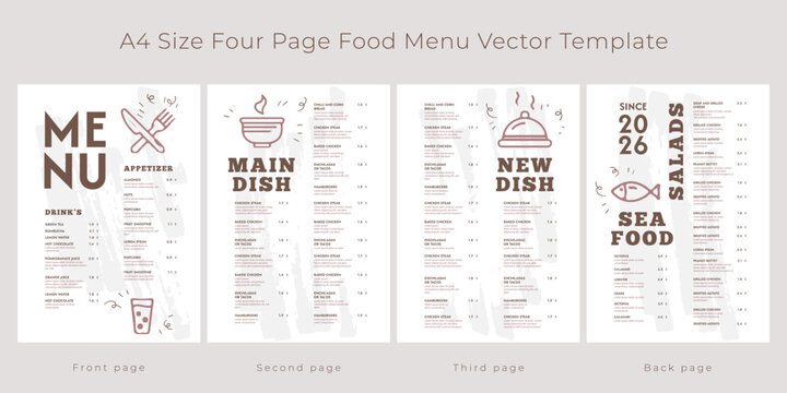 A4 size four page food menu template. New food menu template