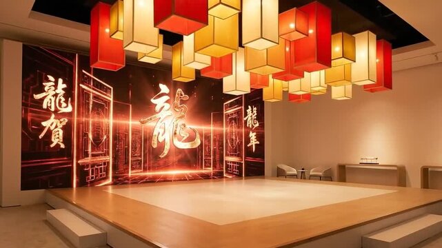Celestial lanterns illuminate a grand stage set for Chinese New Year festivities with traditional dragon motifs and warm glowing decor.