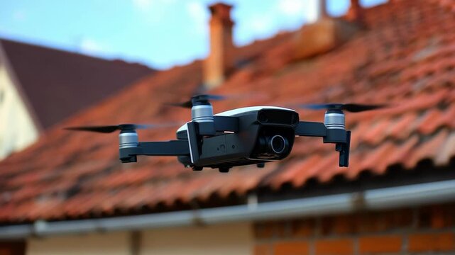Closeup thermal drone flying low over residential rooftops inspecting for heat leaks and safety hazards in realtime.
