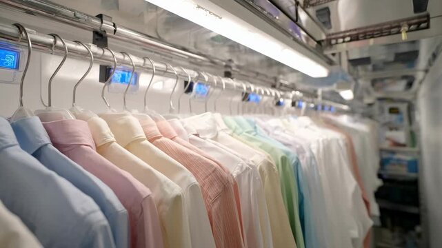 Medium shot of apparel items stored in temperaturecontrolled environment with visible air circulation system and clear humidity monitors ensuring fabric preservation