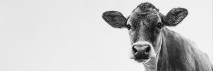 Close-up of brown cow with curious expression on white background