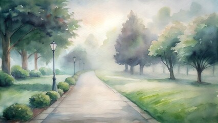 Obraz premium A Serene Park Pathway Bathed in Golden Morning Sunlight Mist Through Lush Green Trees