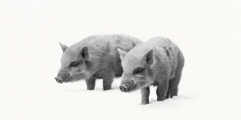 Fototapeta premium Two young boars standing in snowy landscape